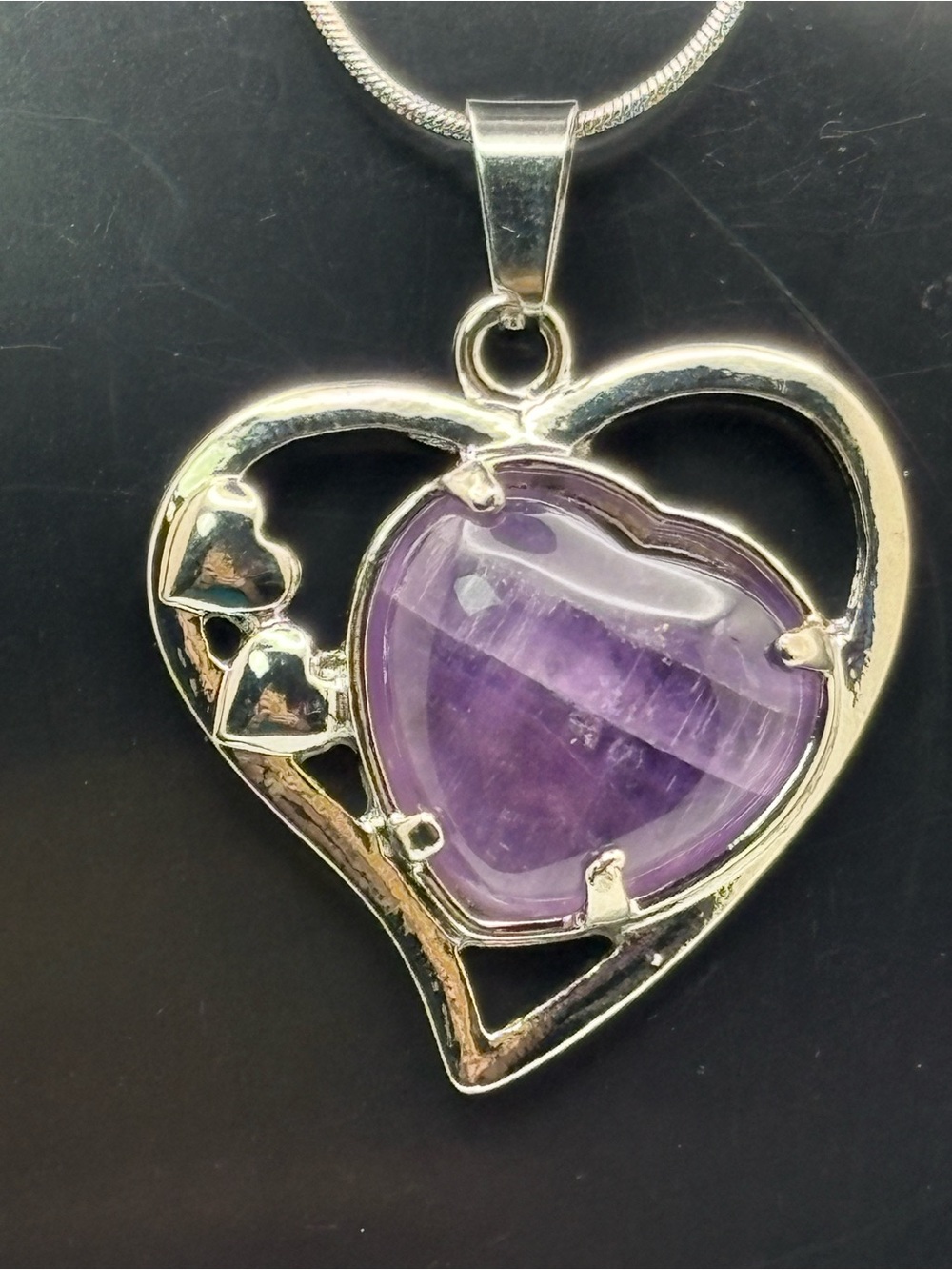 Amethyst Heart Pendant Necklace Silver Tone